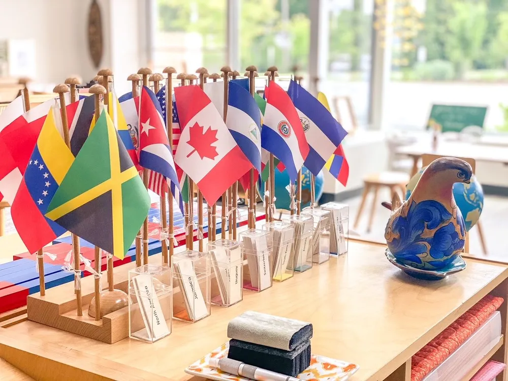 National flags of the Americas on wooden stands, with continent cards and a painted bird on a classroom table.